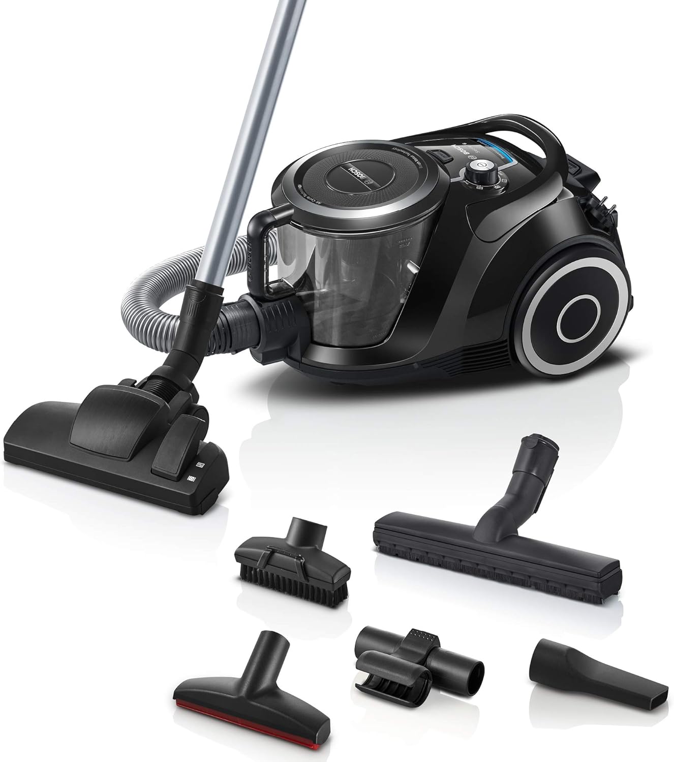 Bosch Staubsauger beutellos Serie 6 BGC41XSIL, Bodenstaubsauger, ideal für Allergiker, Hygiene-Filter, für Parkett, Teppich, Fliesen, Fugendüse, extra leise (68 dB), langes Kabel, 700 W, schwarz