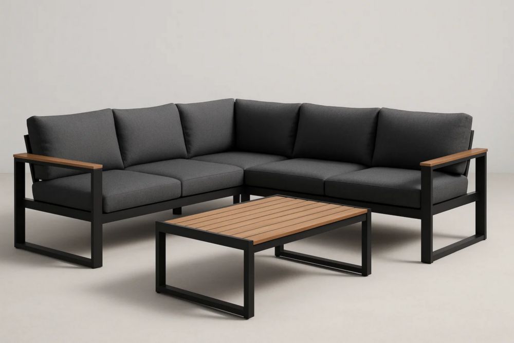 Ecksofa Set mit Tisch Aluminiumrahmen Holzarmlehnen Grau L-förmig