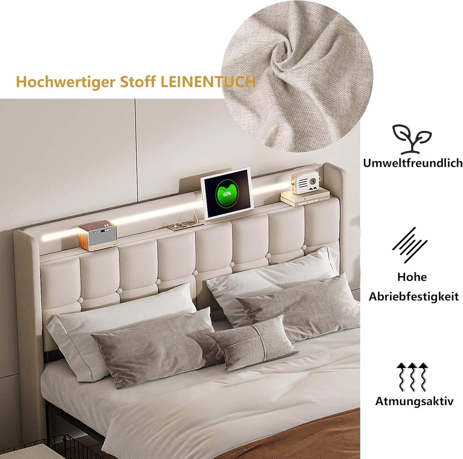 Doppelbett 180x200,Stauraumbett,Betten mit LED-Beleuchtung und 4 Schubladen, Polsterbett mit Stauraum, Jugendbett mit Aufladen USB Ladefunktion Kopfteil,Lattenrost aus Holz (Beige)
