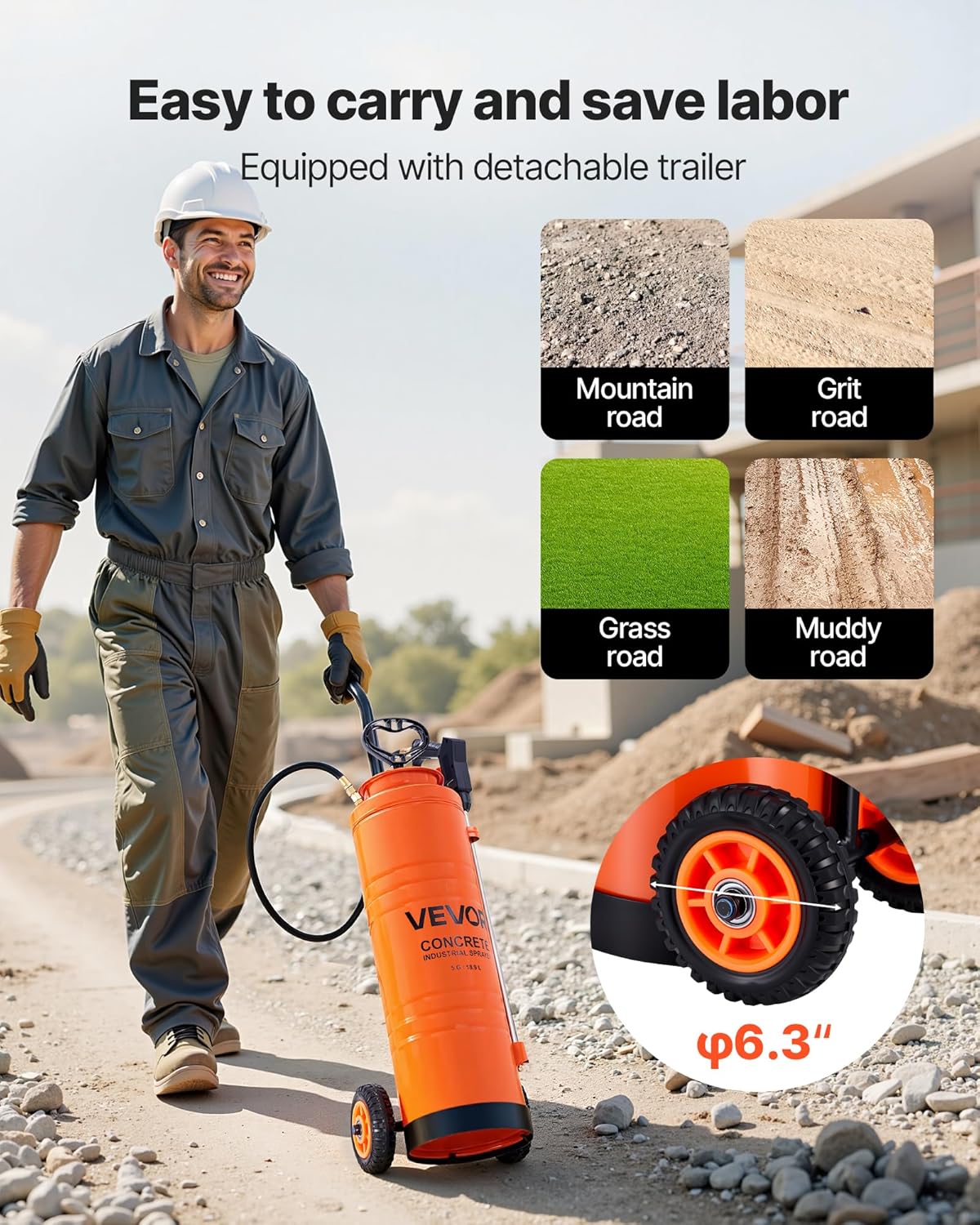 VEVOR Drucksprüher 18,9 L, industrieller Betonsprüher mit Rolle, Edelstahlsprüher, Hochleistungs-Pumpsprüher, inkl. Schläuche, 2 Messingdüsen, ideal für BAU, Rasen und Garten