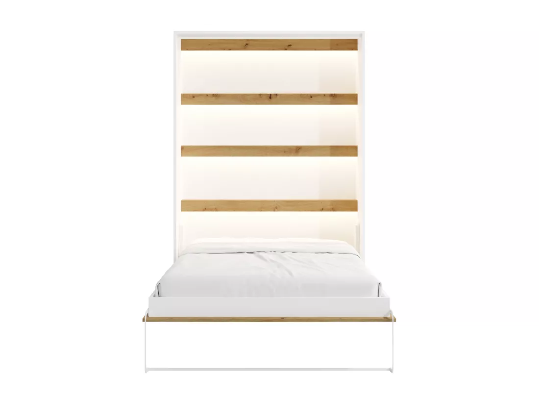 Lit escamotable 140 x 200 cm - Ouverture verticale manuelle - Avec LEDs - Blanc et naturel - RAPILI