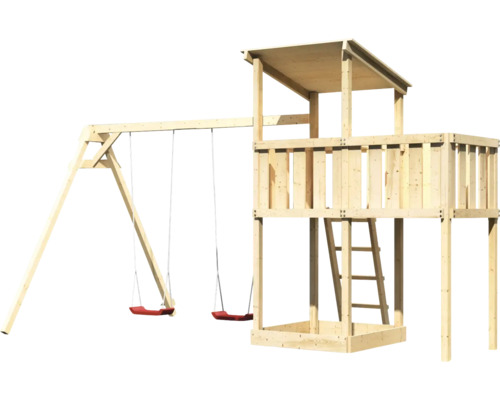 Speeltoren/speelhuis Karibu Anna, 107 x 107 cm, van hout, bestaande uit 2 schommelsets en een aanbouw.