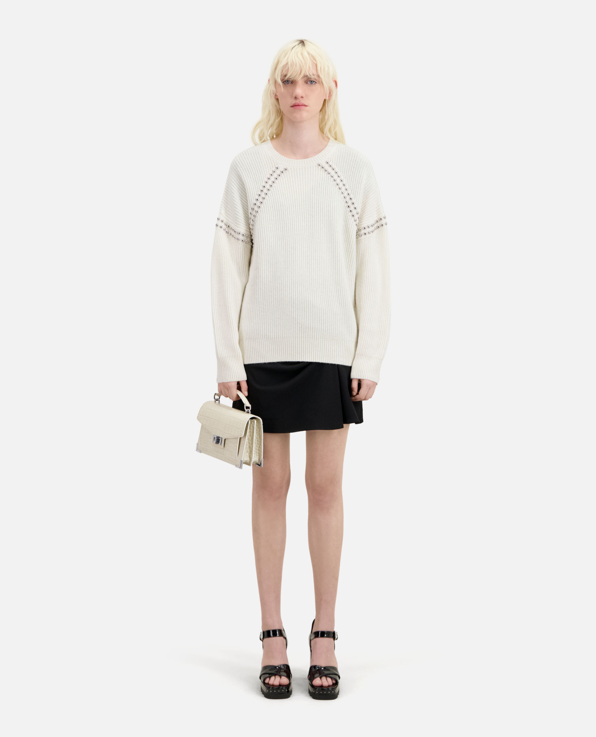 Ecru ribbed wool and cashmere sweater with studs