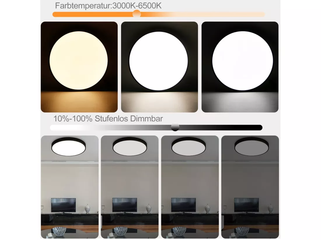 NETTLIFE Plafonnier LED dimmable avec télécommande 36W lampe de salle de bain noir IP44 étanche plat 37cm rond