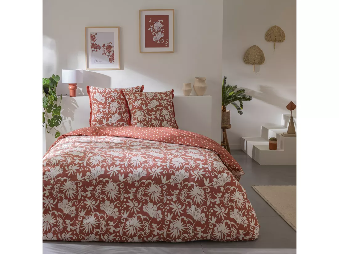 Parure de lit 2 personnes en coton 57 fils imprimé terracotta 260x240cm