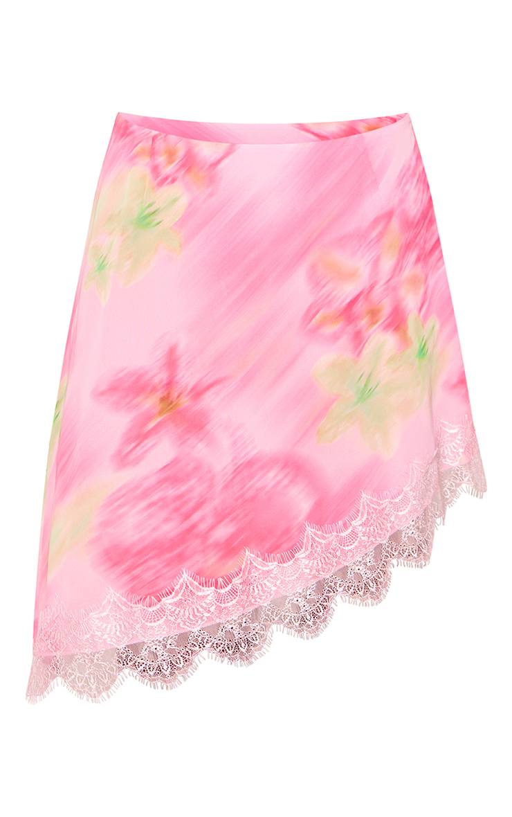 Multicolore Jupe Midi À Imprimé Floral Flou Avec Détail D'ourlet Asymétrique En Dentelle
