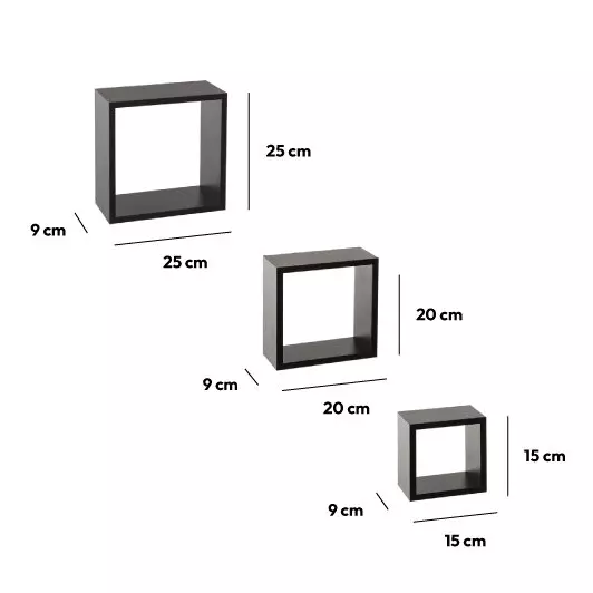 Lot de 3 étagères bois (H15-20-25 cm) Cube Noir