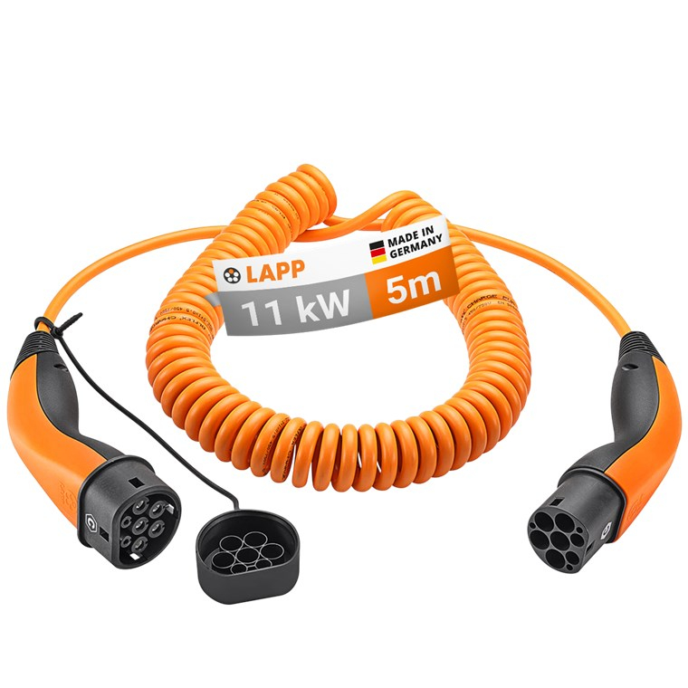 (5m) 11kW/20A Elektroauto Spiral Ladekabel 3-phasiges Stromkabel für Hybrid- / E-Autos mit Typ 2 Anschluss (61799) - Orange