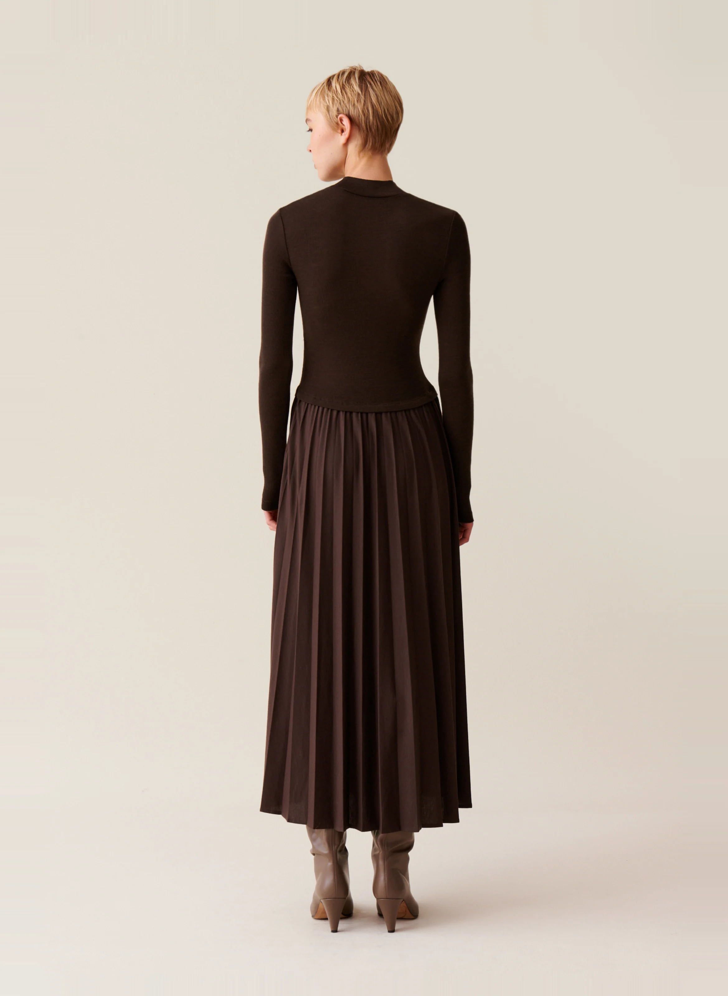 Robe long bi matières| Marron