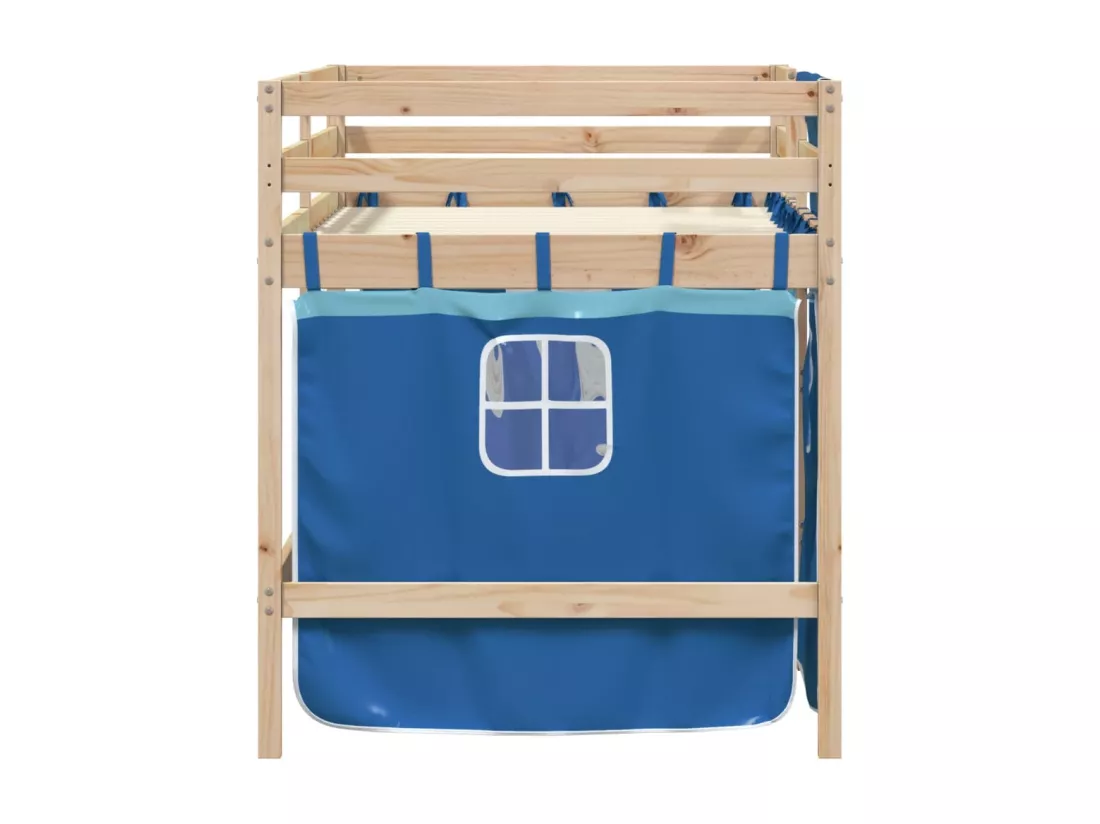 Lit mezzanine enfants et rideaux bleu 90x200cm bois pin massif