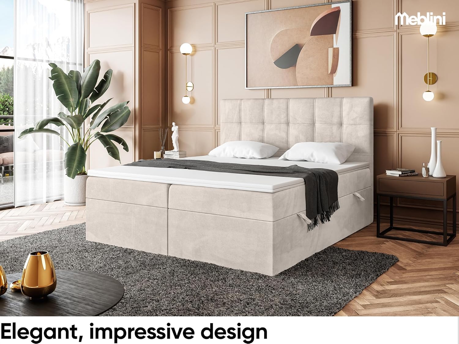 MEBLINI Boxspringbett mit Bettkasten - Gepolstert Doppelbett mit Matratze und Topper - Polsterbett mit Stauraum - Bett mit Kopfteil - Kai - 140x200 - H3/Beige Samt