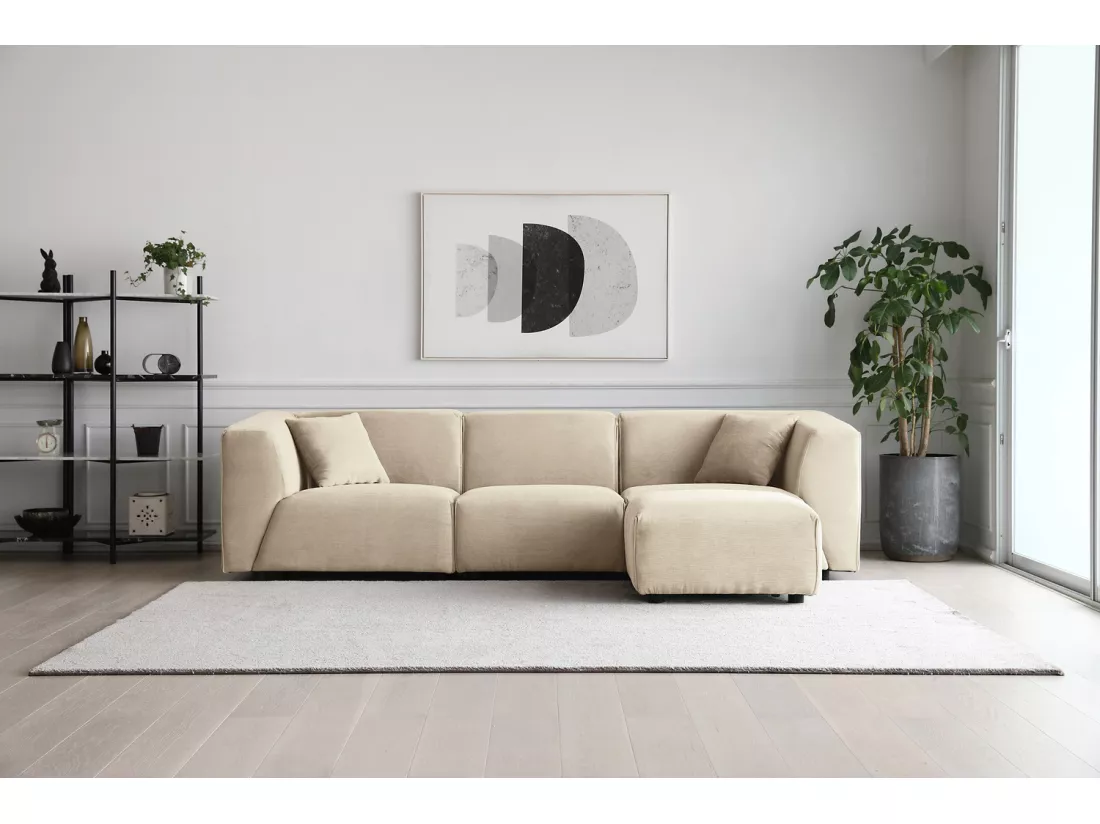 Canapé modulable 3 places + 1 pouf velours côtelé beige MONROE