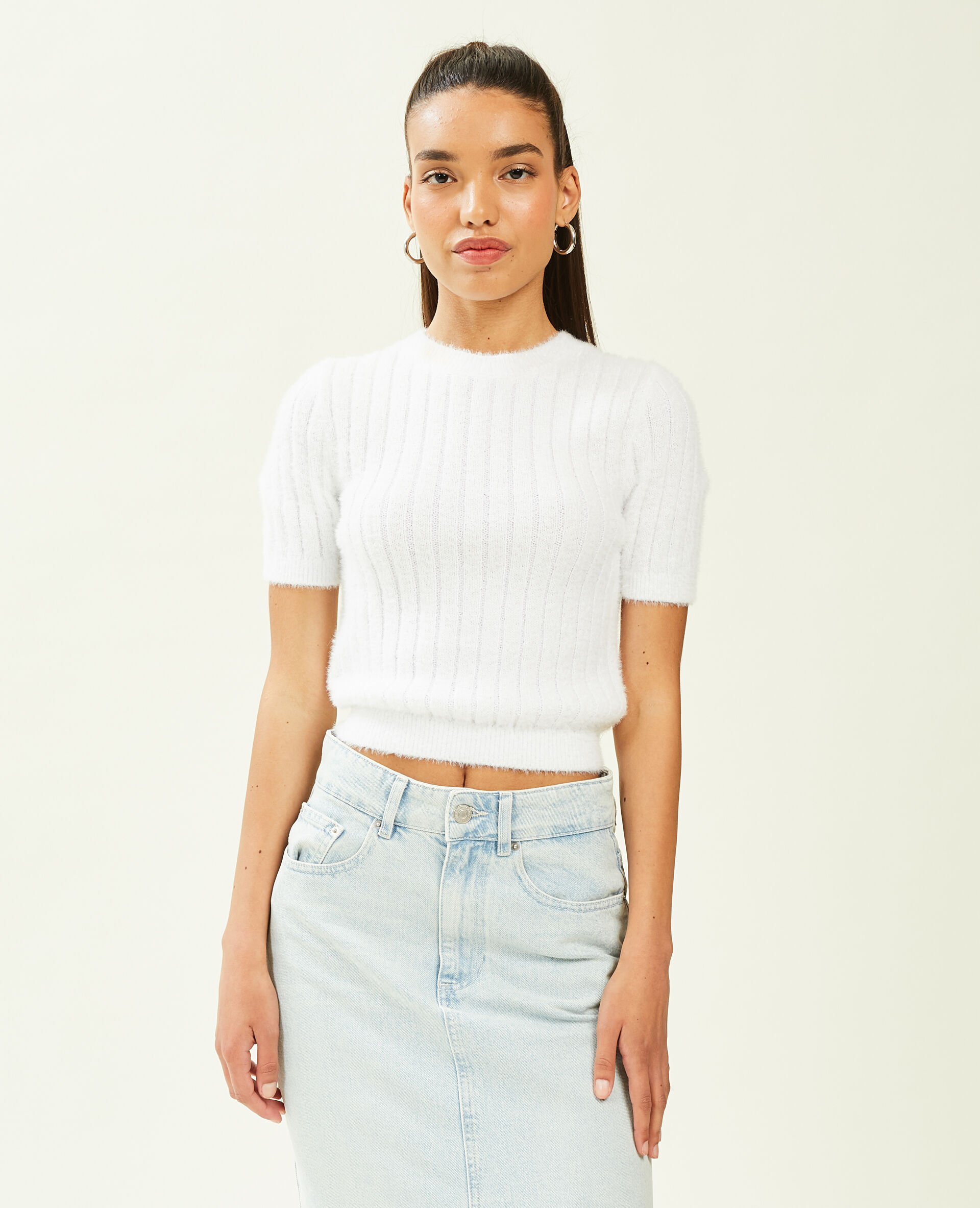 Pull duveteux à manches courtes - Blanc