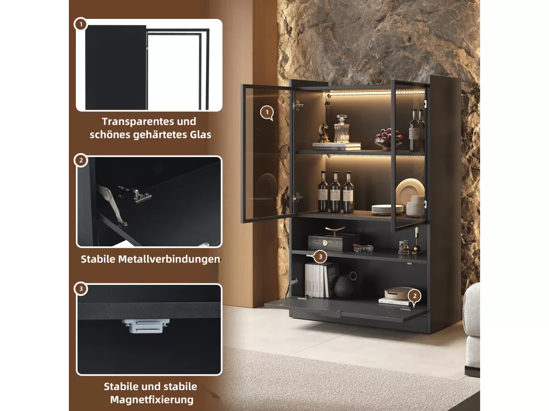 Vitrine avec 3 portes et 1 compartiment - 80 x 35 x 120 cm - LEDs - Panneau de particules et verre - Noir