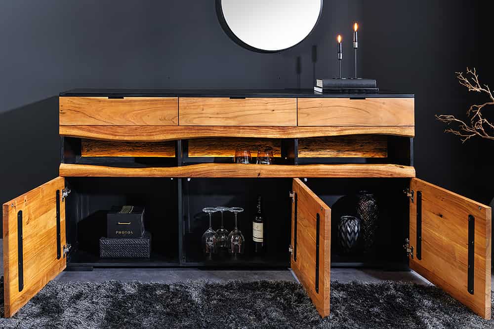 Massivholz Sideboard GRAND ACACIA 180cm braun Akazie mit LED-Beleuchtung Baumkante