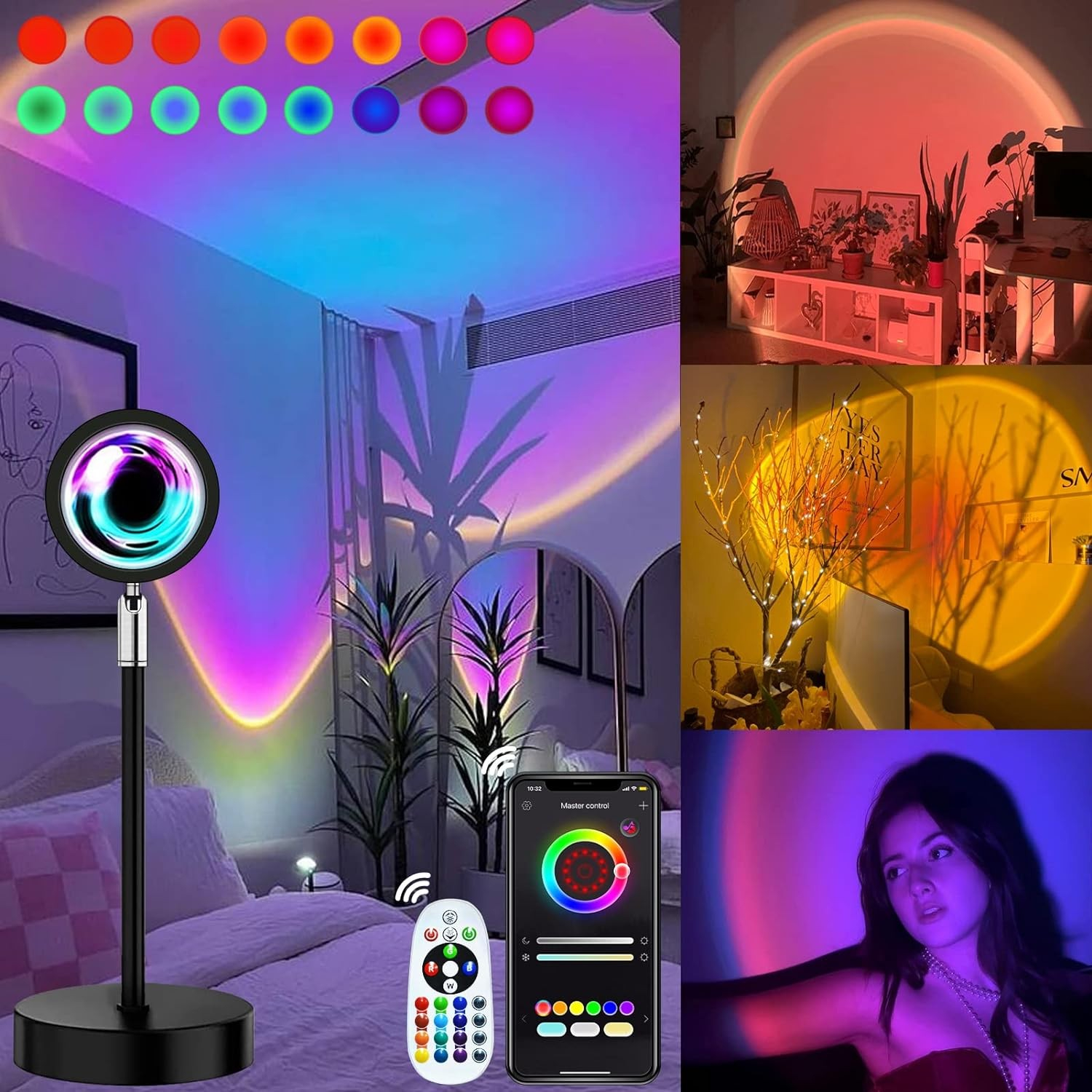 180° Sonnenuntergang Projektor Lampe USB Nachtlicht Sunset Deko Beleuchtung inkl. Fernbedienung / App Steuerung (iOS/Android) - Schwarz