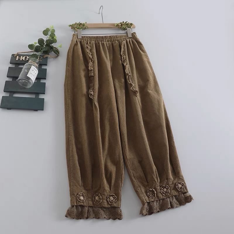 Santeh - Corduroy broek met elastische taille, bloemendetail, ruches en wijde pijpen