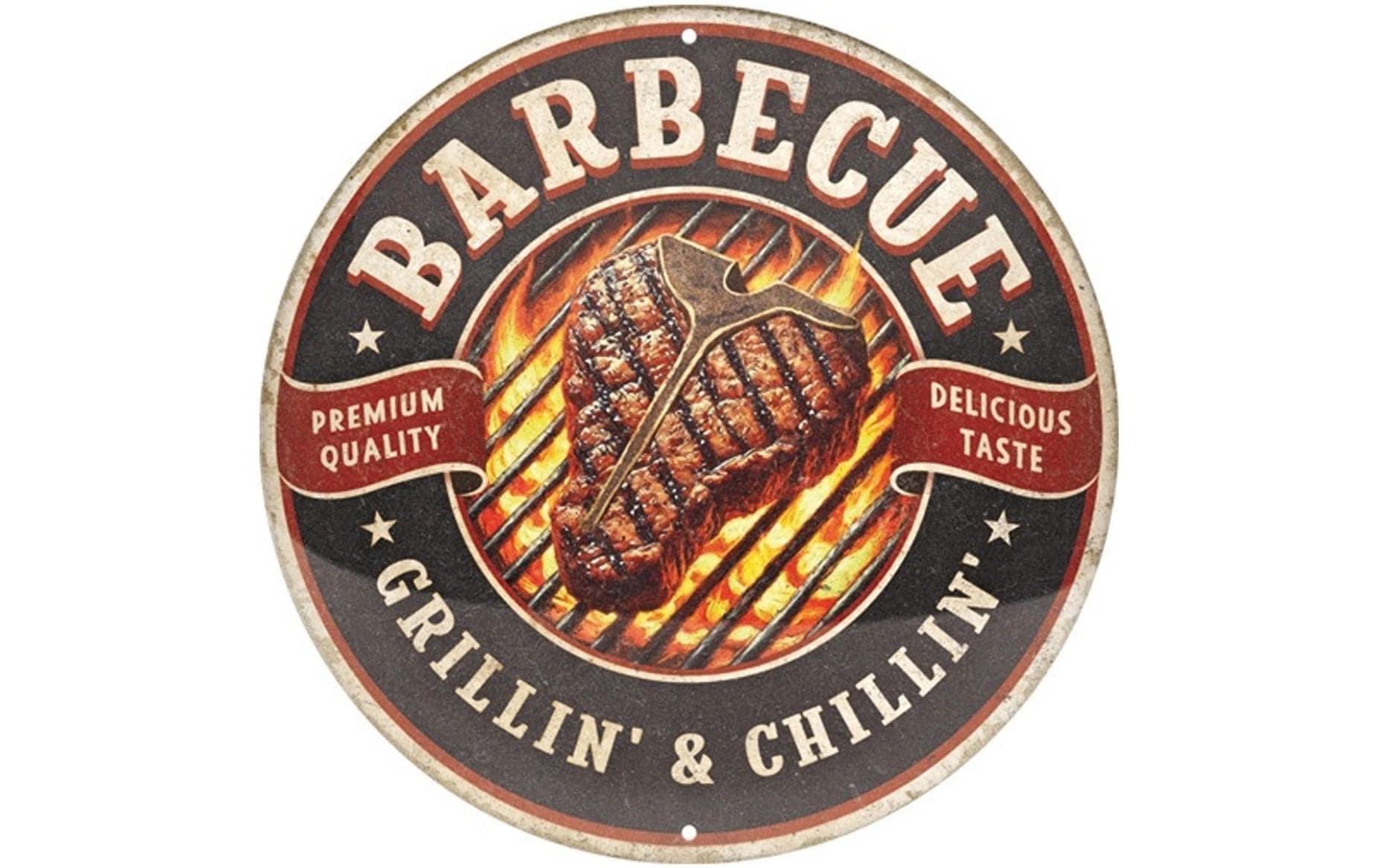 Schild Barbecue MehrfarbigHochwertiges rundes Blechschild mit geprägtem Motiv