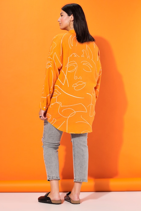 Hemdbluse, oversized, Musselin, Print, Langarm