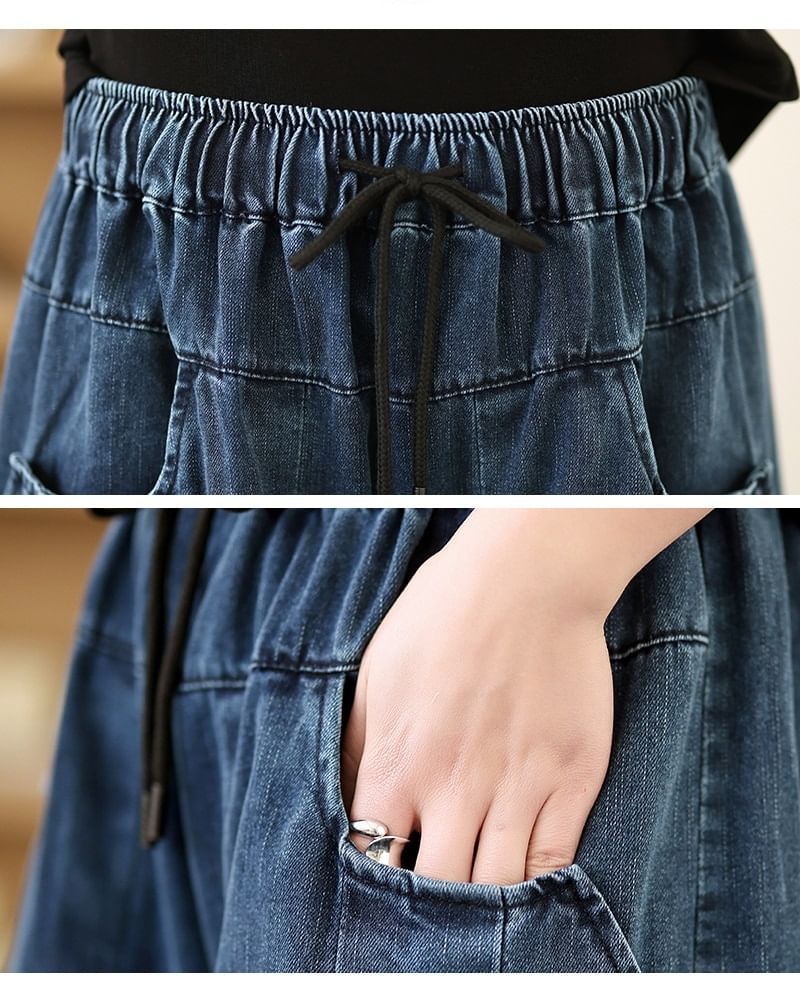 Lewwe - Gewassen denim culottes met trekkoordtaille