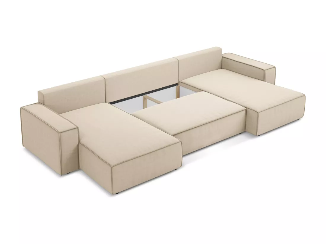 Canapé d'angle panoramique convertible en velours - beige clair - KIMO