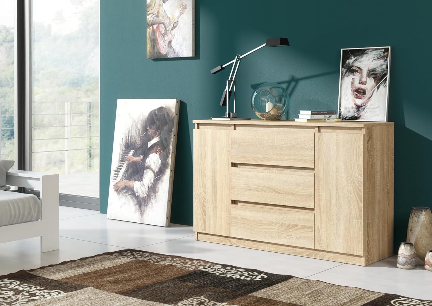 meble masztalerz Kommode 120 cm Breit - Modernes Sideboard - Highboard mit 3 Schubladen - Schubladenschrank - Kommodenschrank für Wohnzimmer, Flur, Schlafzimmer - Sonoma Eiche 120x78,2x39 cm