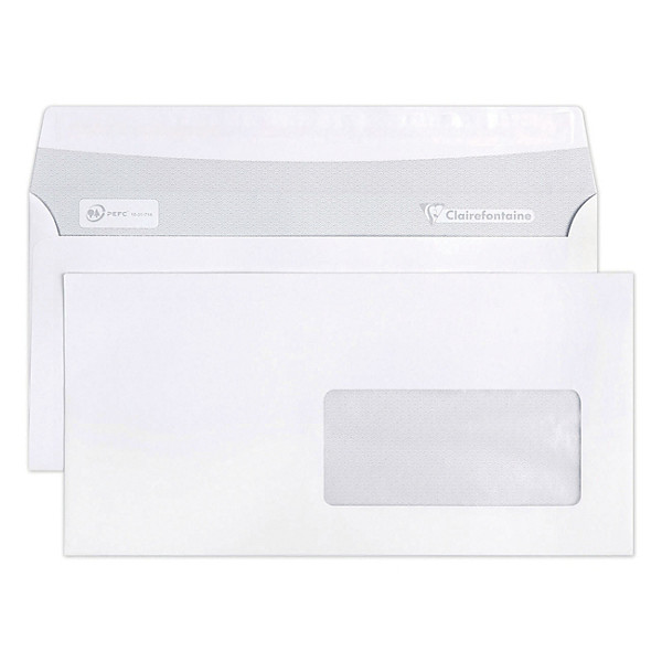 Clairefontaine Enveloppe blanche DL 110 x 220 mm 80g fenêtre 45 x 100 mm - autocollante bande protectrice - Lot de 50