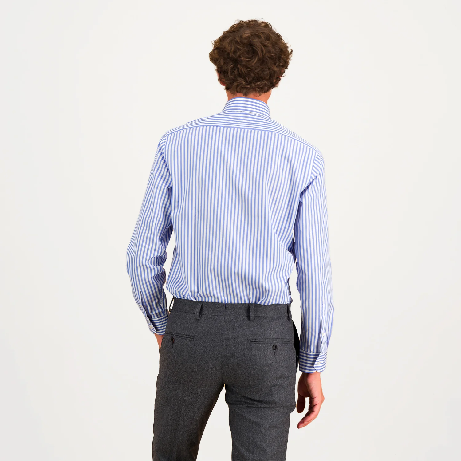 Double-twisted poplin shirt with blue and white stripes