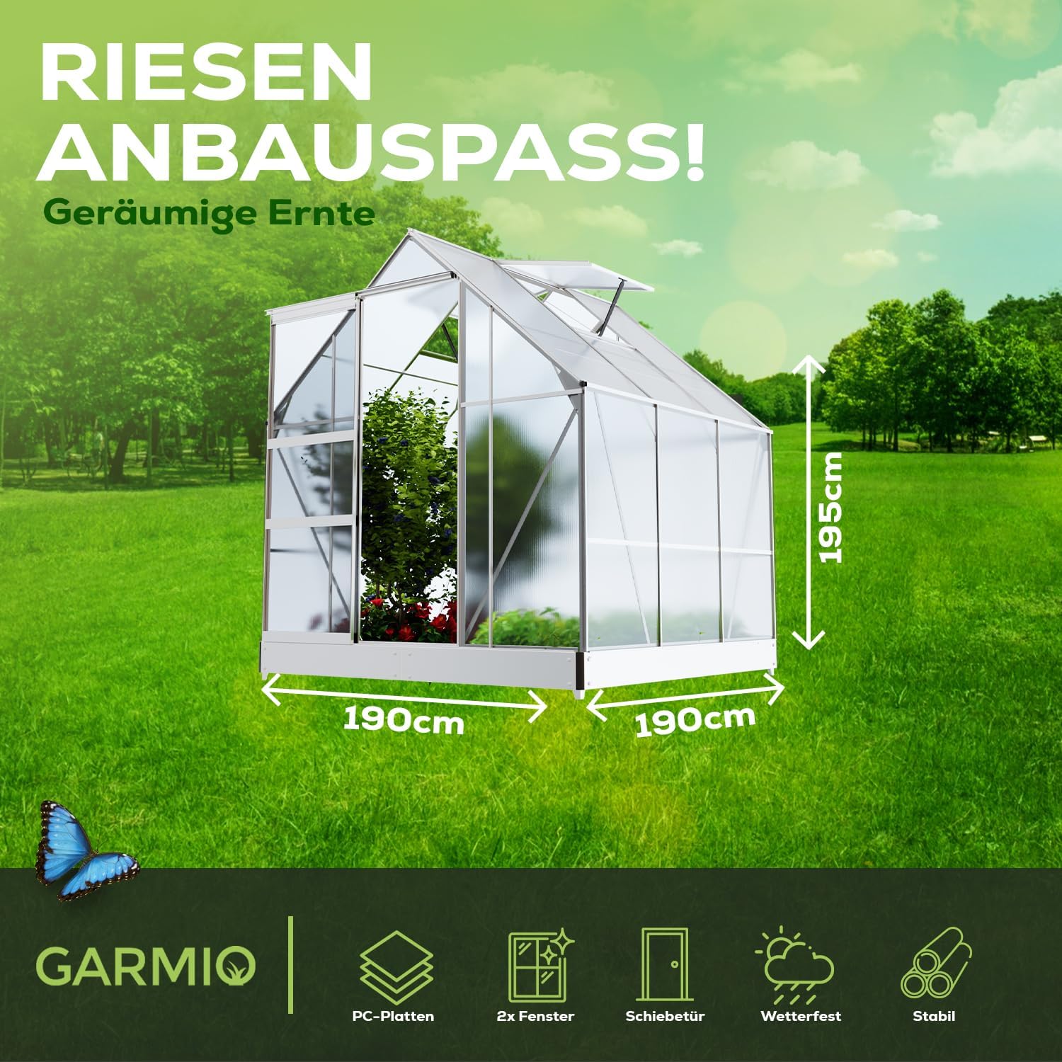 Gewächshaus Cuneo 190x190cm für den Garten, Alu Frühbeet inklusive Fundament, 2 Dachfenster Treibhaus Aufzucht Pflanzenhaus Tomatenhaus 3,7m² UV-Schutz