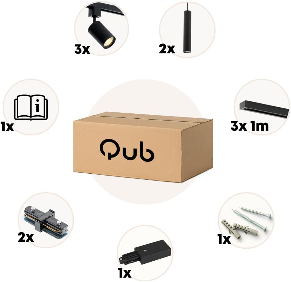 Qub Focus III 1-Phasen Led Schienensystem Komplettset - 300cm - Set 3 Spots und 2 Pendelleuchten - 3x 1m Schienen - I-Form - GU10 & LED-Kompatibel - Erweiterbar & flexibel - Spot lampe - Schwarz