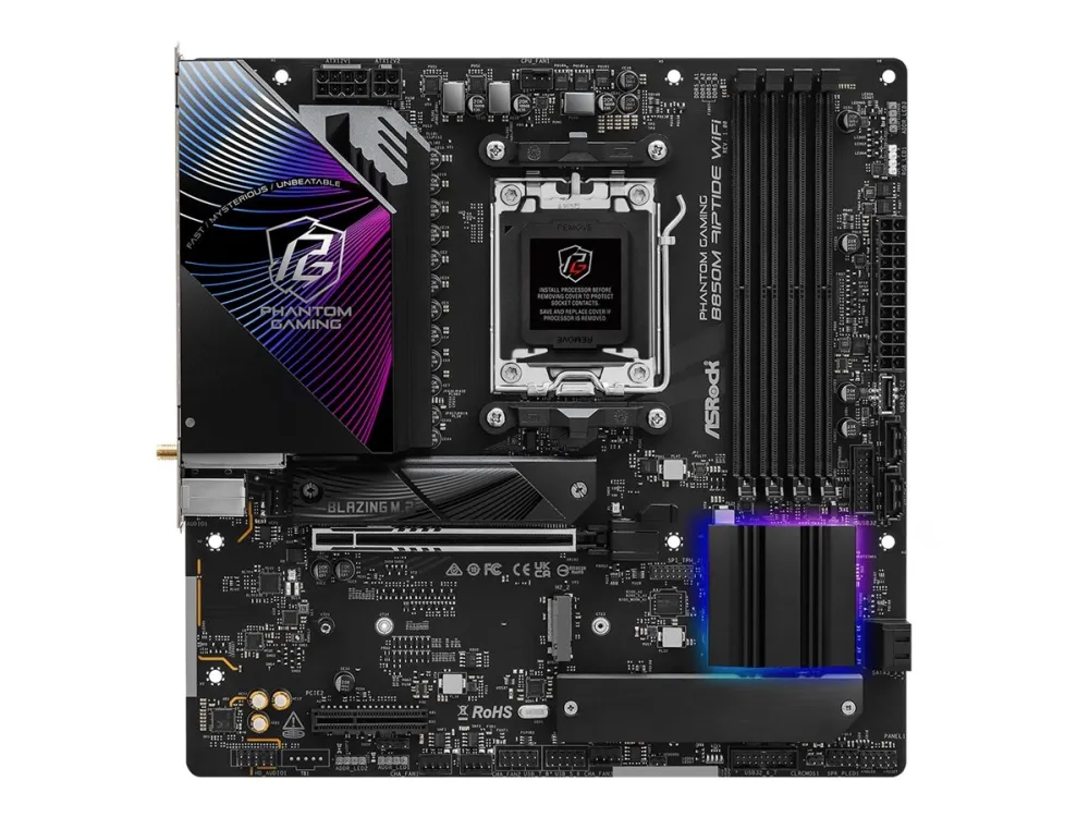 ASRock Phantom Gaming B850M RIPTIDE WIFI - Bundkort - micro ATX - Socket AM5 - AMD B850 Chipset - USB 3.2 Gen 2, USB-C 3.2 Gen2, USB 3.2 Gen 1 - 2.5 Gigabit LAN, Wi-Fi 7, Bluetooth - onboard grafik (CPU påkrævet) - HD Audio (8-kanaler)
