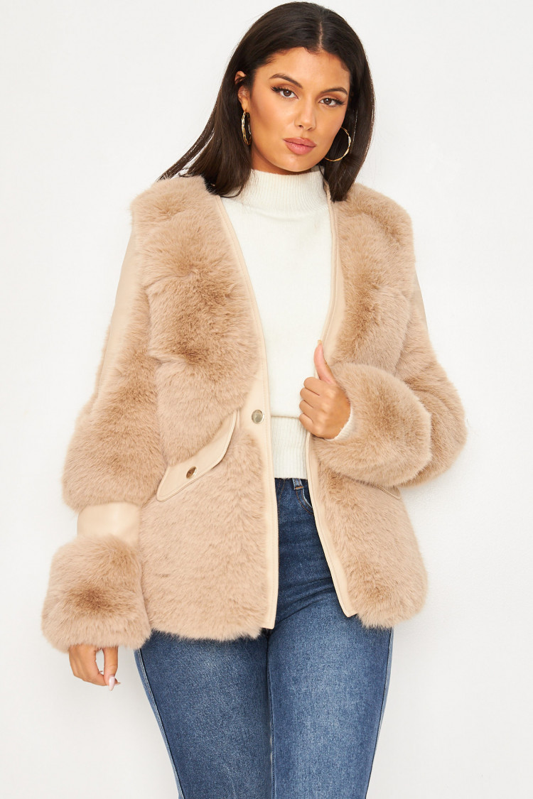 Veste beige simili cuir et fausse fourrure