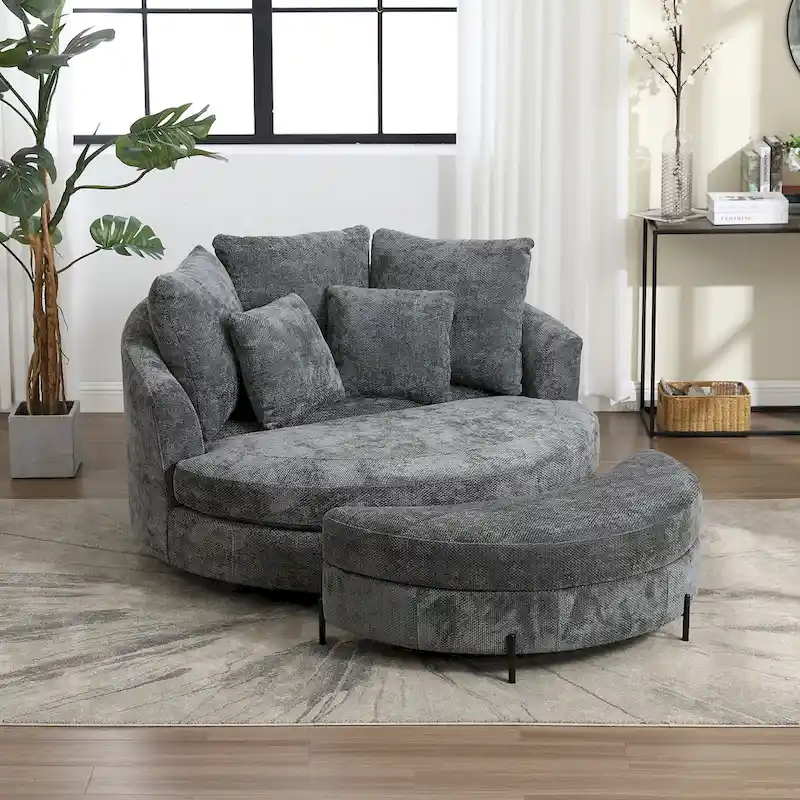 Modern Sofa Chair Round Accent Barrel Chair With 5 Pillows and Optional Ottoman