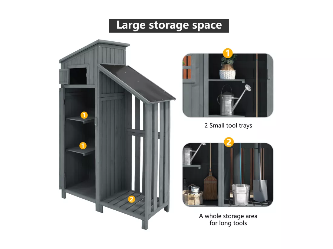 Abri de jardin en bois massif avec toit pente en PVC - 2 étagères 3 portes loquets - L124 x P46 x H174 cm - Gris