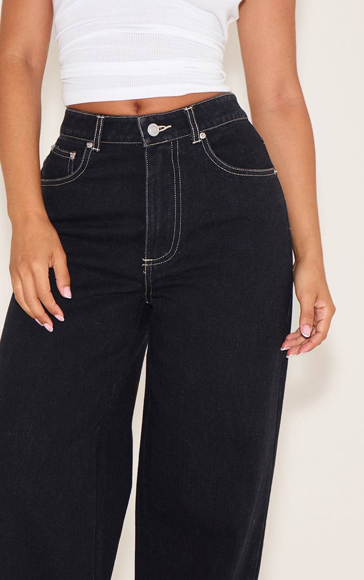 Noir Délavé Jean Droit En Denim À Coutures Contrastées Petite