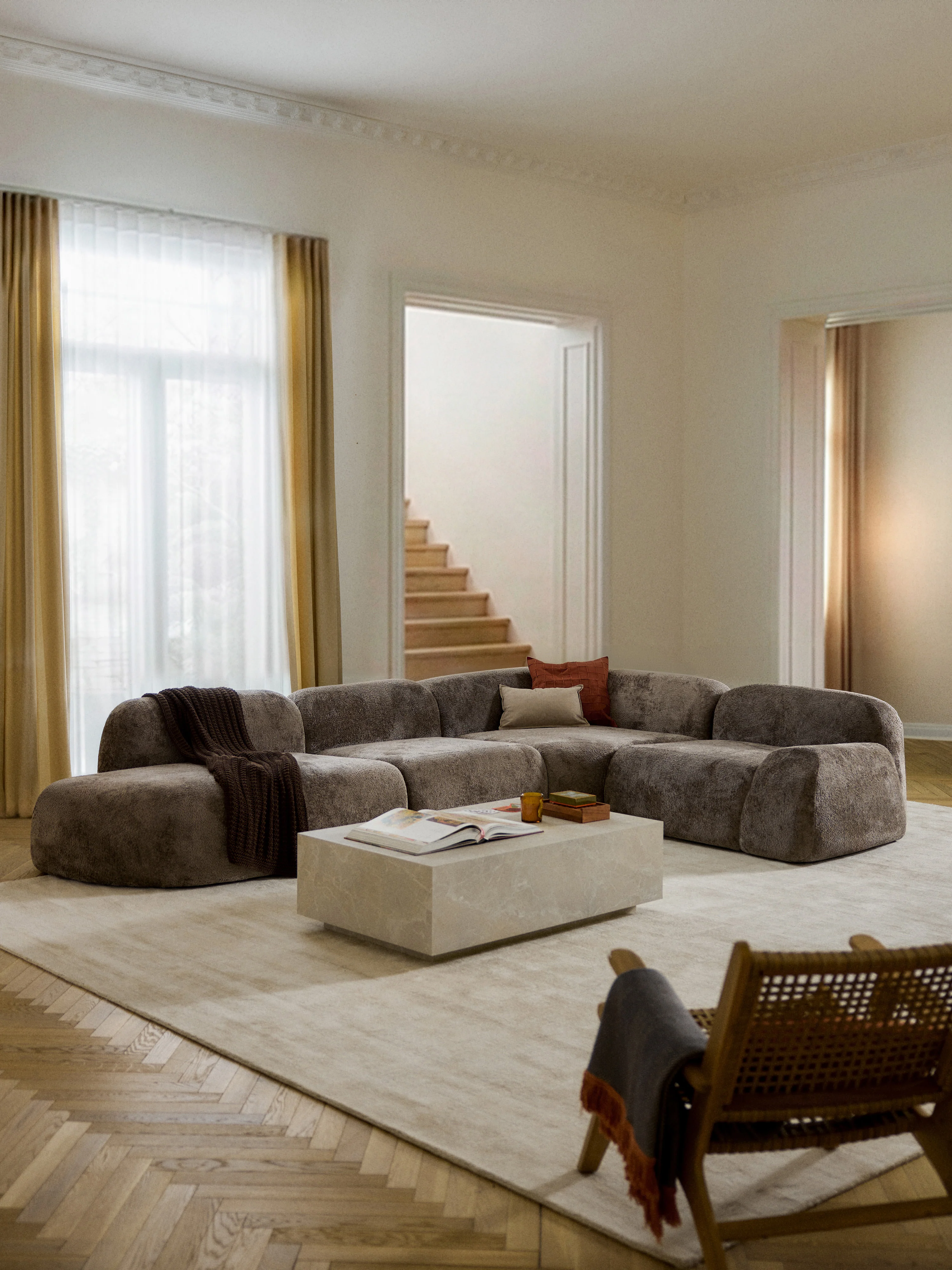 XL modulaire teddy bouclé hoekbank Wolke (4-zits) met chaise longue