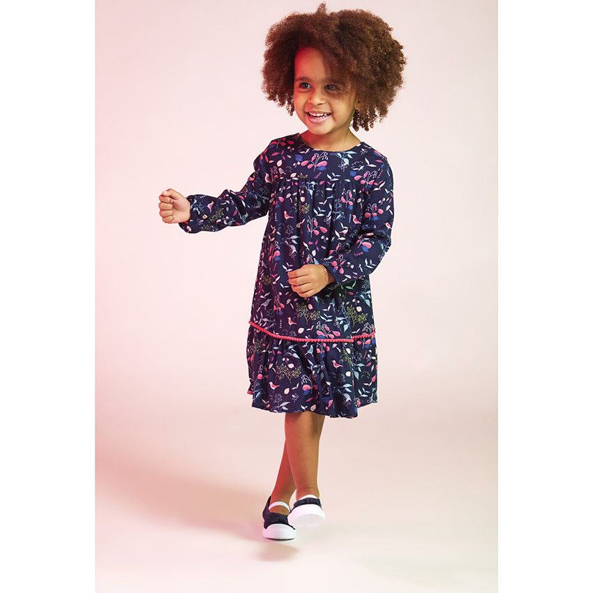 Robe manches longues en voile de viscose imprimé fleuri pour bébé fille - Bleu marine