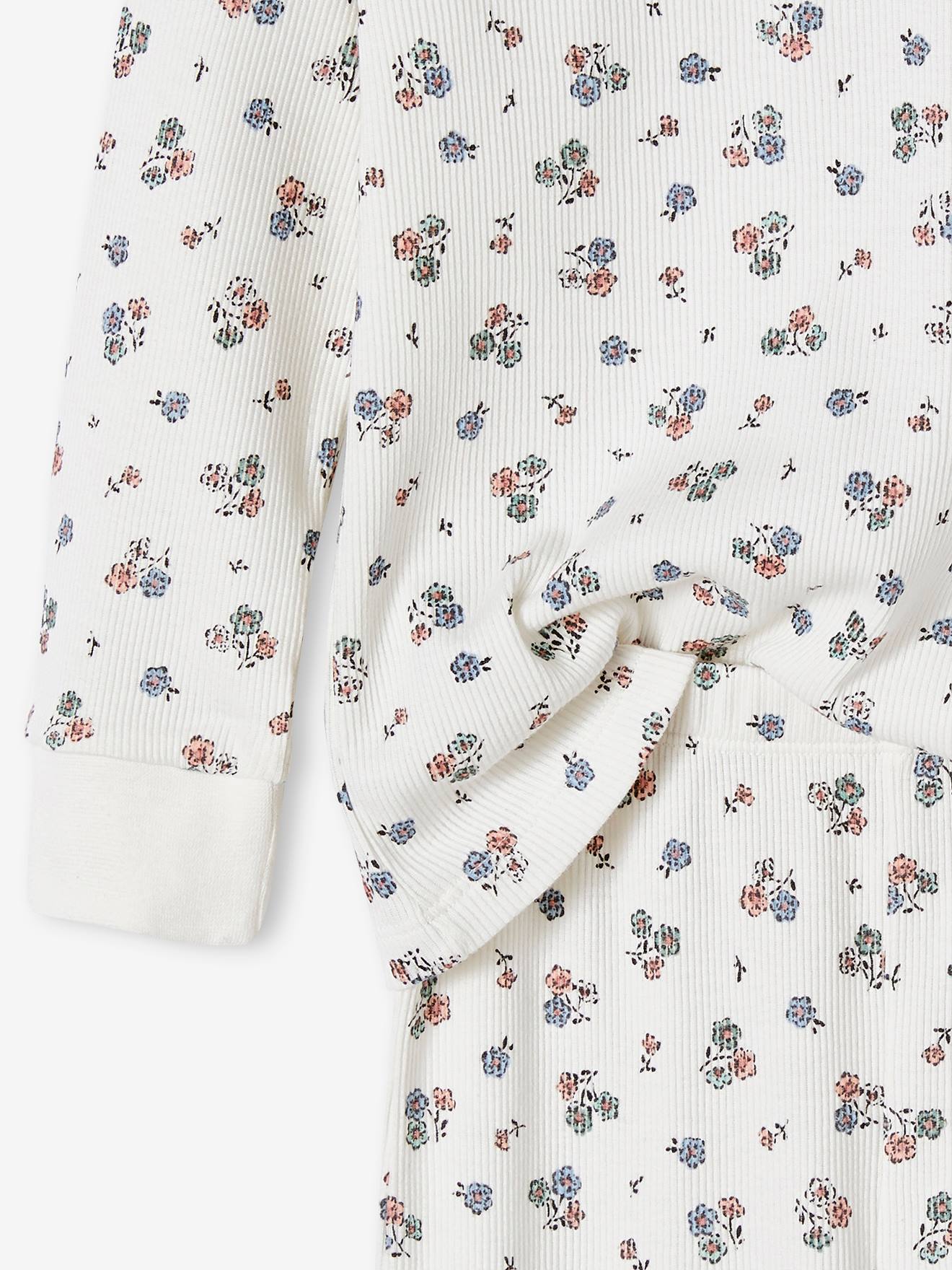 Pijama de malha canelada, personalizável, com estampa floral para meninas, cor cru.