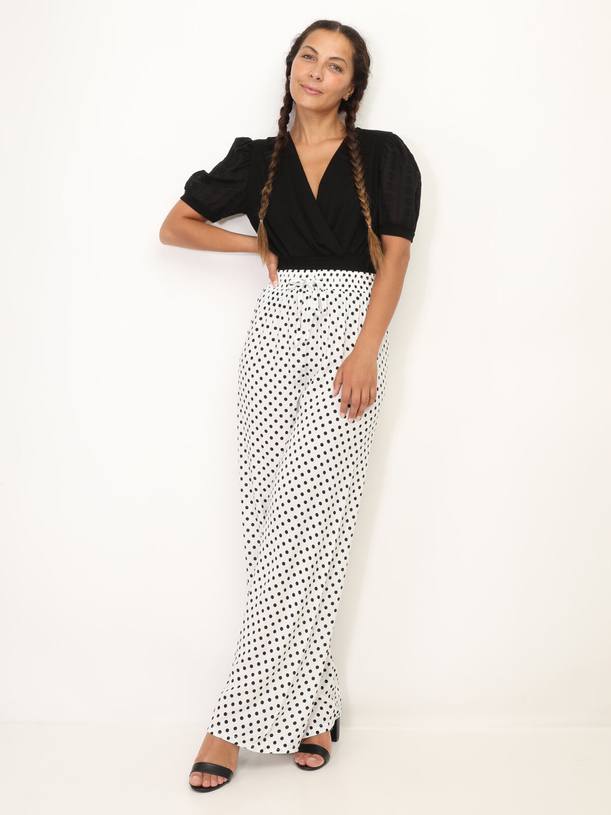 Pantalon ample à pois et liens- Blanc