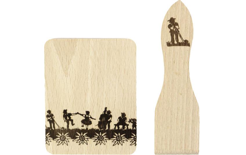 Pfännchenhalter-Set Swiss 4 StückUntersetzer und Schaber Set für Raclette