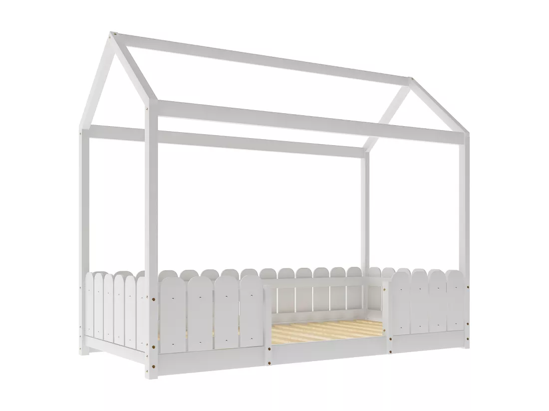 Lit cabane enfant - 90 x 200 cm - bois massif - barrière et sommier à lattes - blanc
