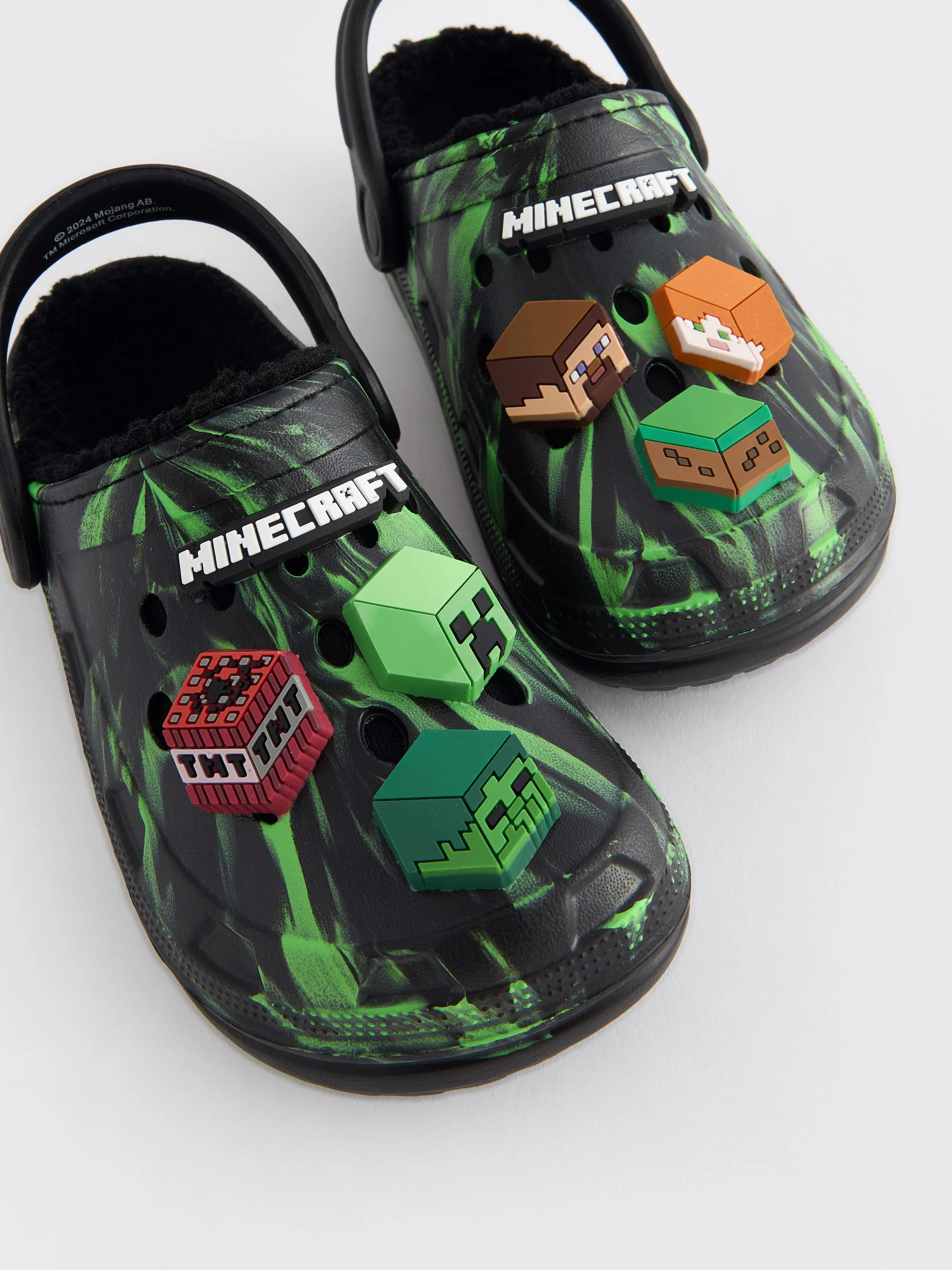 Zwart/groen - Minecraft pantoffelklompen met warme voering