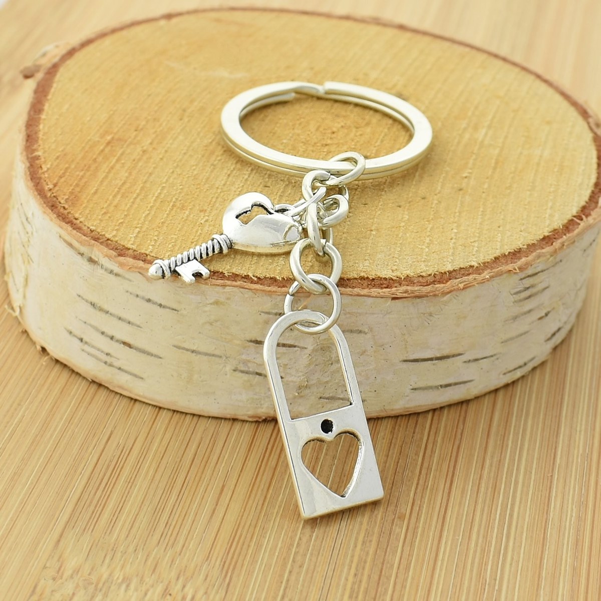 Porte-clés cadenas et clé coeur argenté