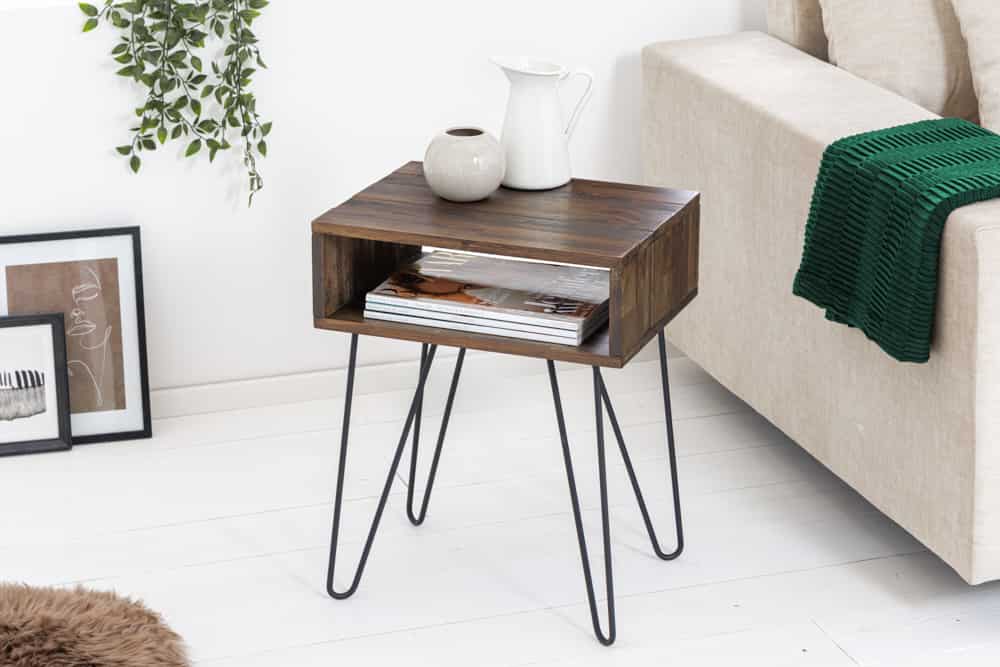 Massivholz Beistelltisch SCORPION 55cm Akazie Nachttisch mit Ablage Hairpin Legs Metall