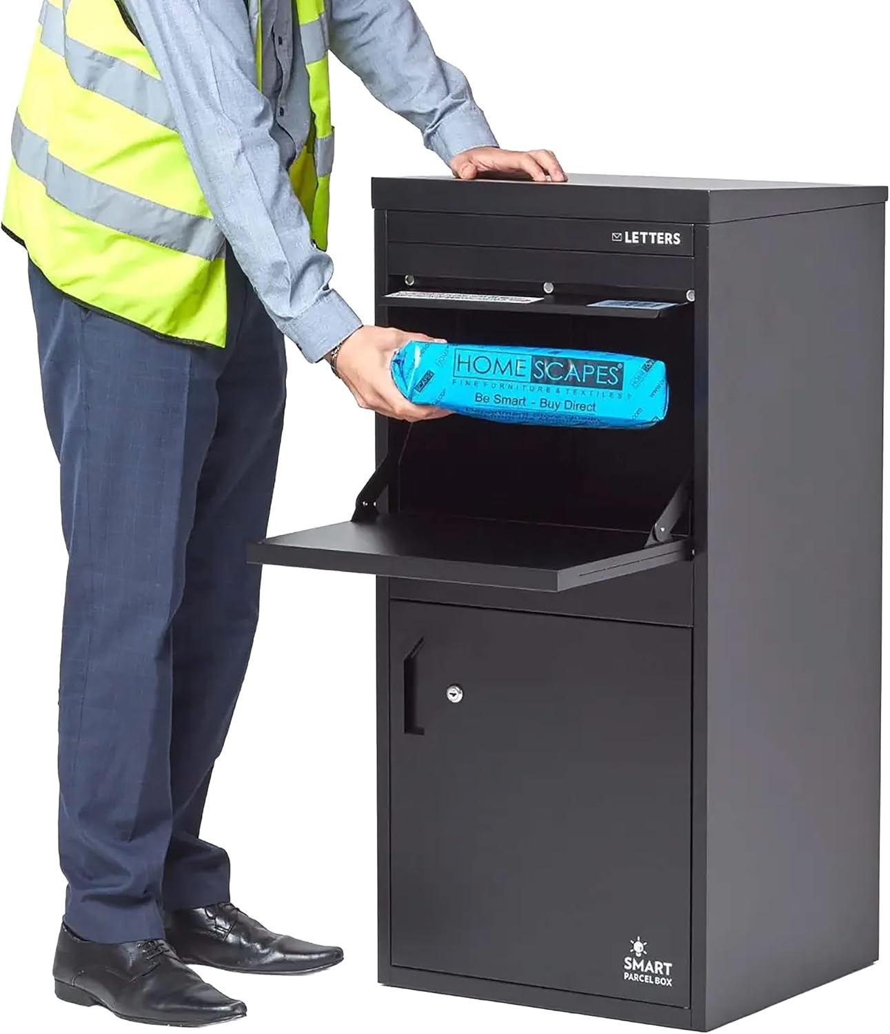 SMART PARCEL BOX XXL Paketbox für draußen, Paketbriefkasten zum Einbauen, zur Wandmontage oder freistehend, Entnahme hinten & vorne, rostfreier Stahl, schwarz