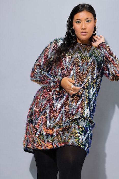 Kleid, A-Line, ZickZack Pailletten, Langarm