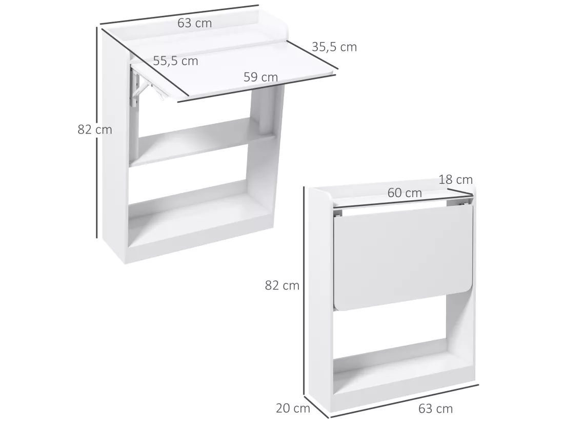 Bureau mural pliable d'appoint table murale rabattable suspendue avec bibliothèque 3 étagères panneaux blanc