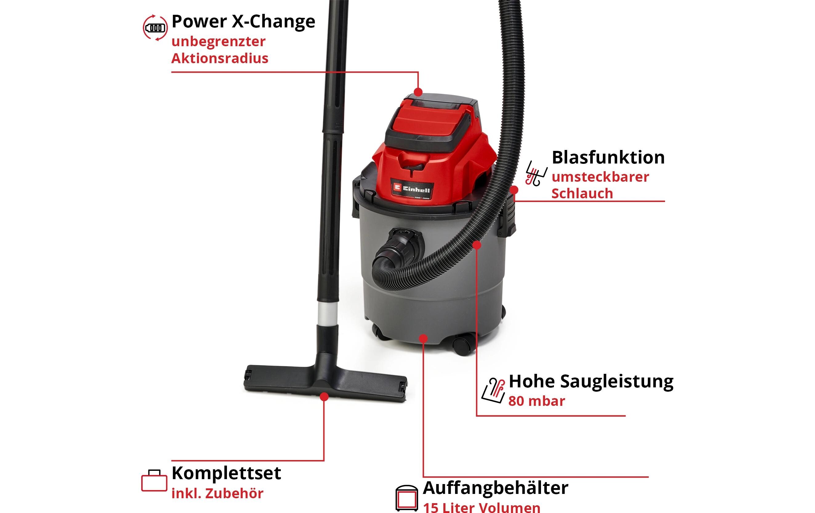 Akku-Nass-/Trockensauger TC-VC 18/15 Li-SoloAkkubetriebener Nass-/Trockensauger mit 15-Liter-Kunststoffbehälter