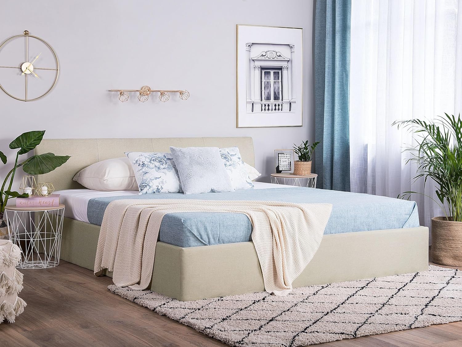 Beliani Polsterbett Leinenoptik beige mit Lattenrost 180x200 cm Bettkasten modern Orbey
