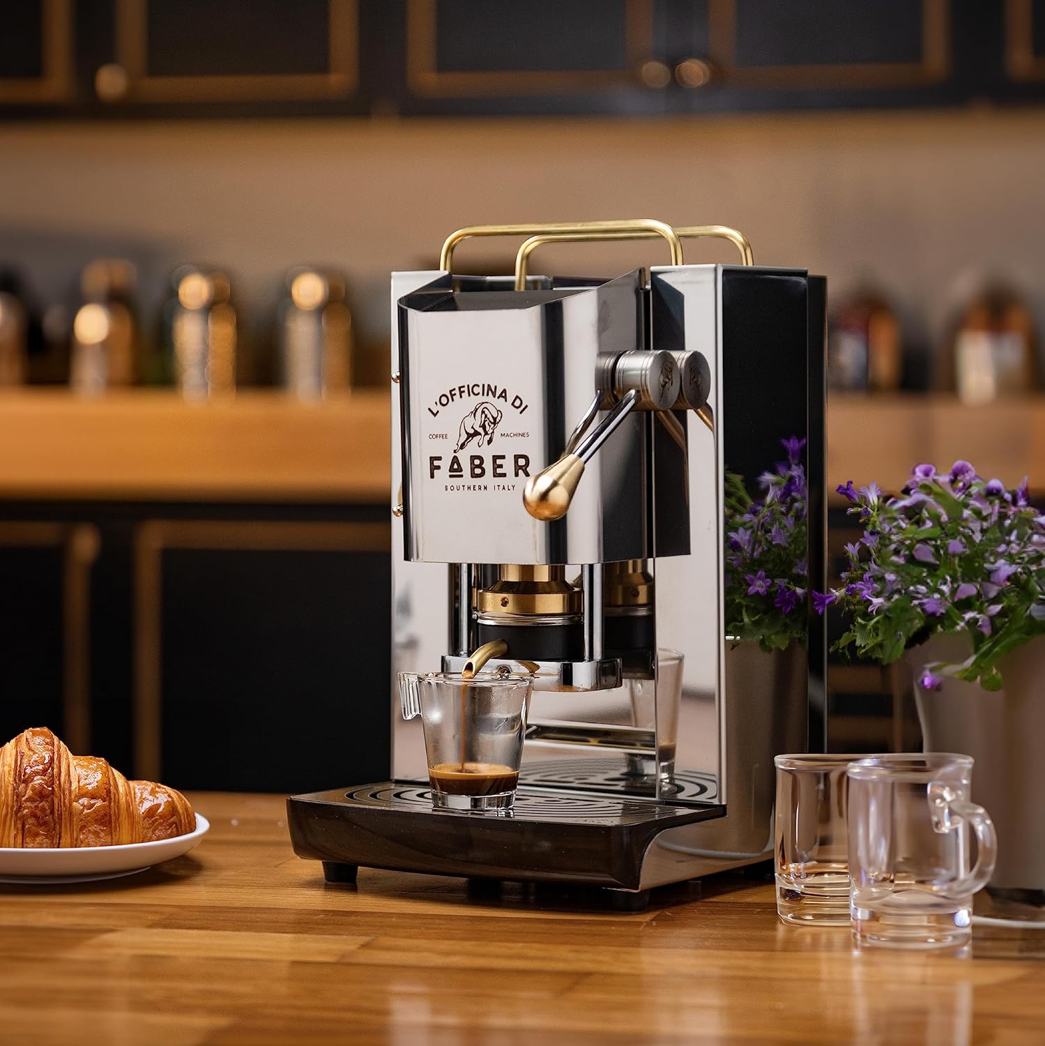 FABER COFFEE MACHINES | Modèle Pro Total Inox Deluxe | Machine à café à dosettes ese 44mm | Pressacialda en laiton réglable | électrovanne de série (laiton)